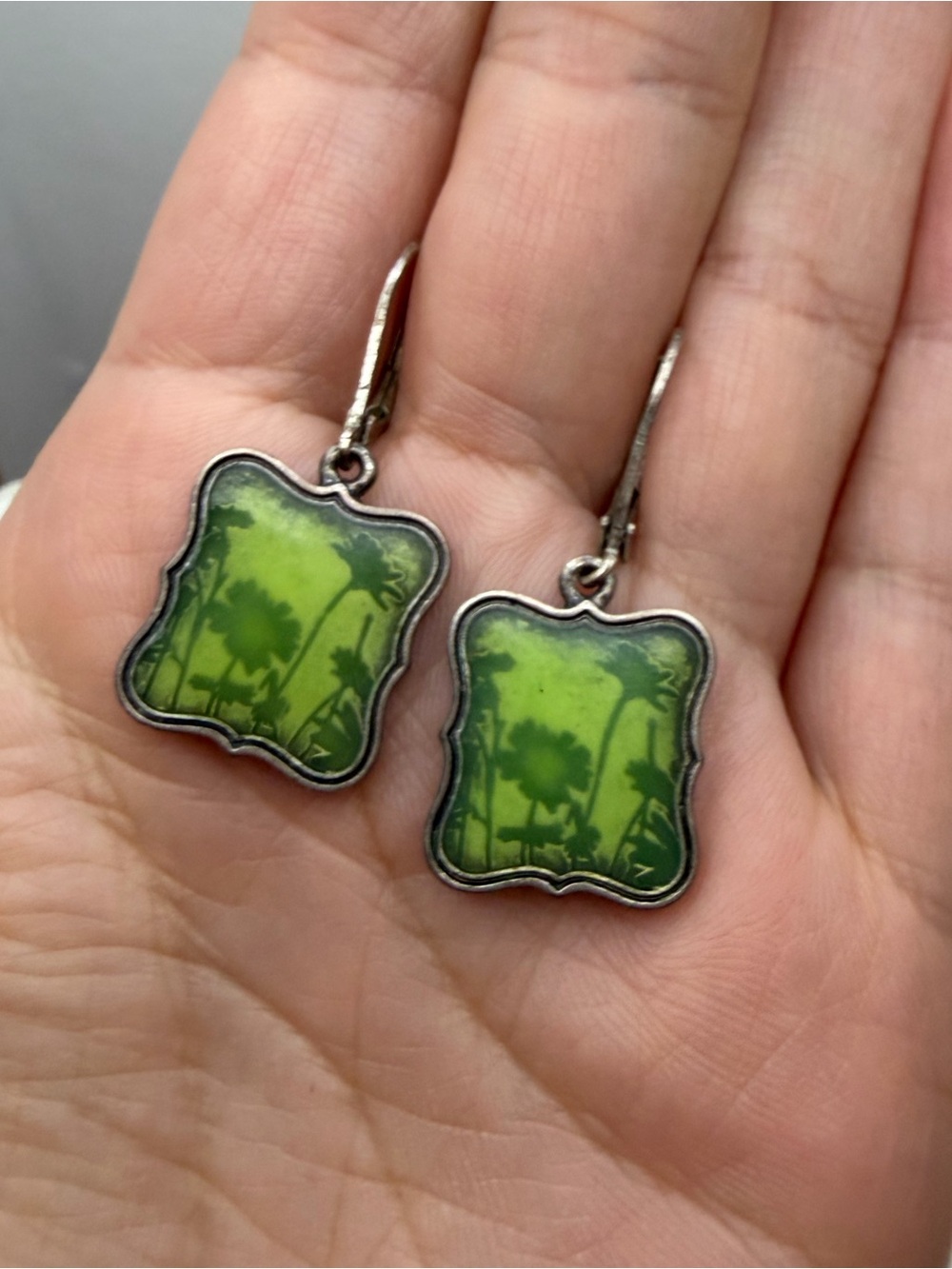 Rustic vintage Green Silhouette Floral Dangle Earrings